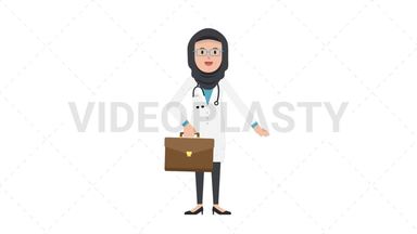 Arab Female Doctor Waving with Briefcase Stock Animation