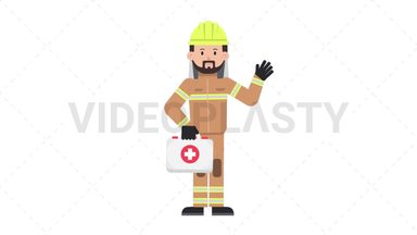 Arab Firefighter Holding First Aid Kit Stock Animation