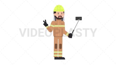 Arab Firefighter Selfie Stick Stock Animation