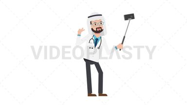 Arab Male Doctor Selfie Stick Stock Animation