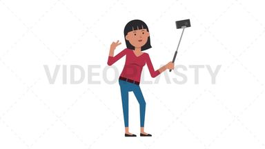 Asian Casual Woman Selfie Stick Stock Animation