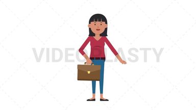 Asian Casual Woman Waving with Briefcase Stock Animation