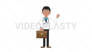 Asian Male Doctor Waving with Briefcase Stock Animation