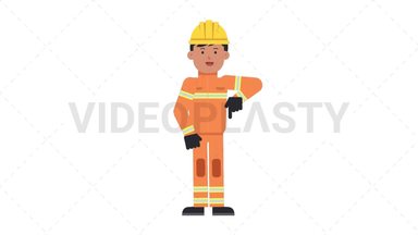 Asian Male Firefighter Pointing Below Stock Animation