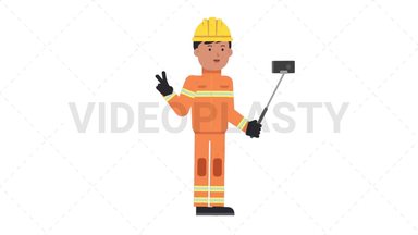 Asian Male Firefighter Selfie Stick Stock Animation