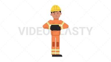 Asian Male Firefighter Using Tablet Happy Stock Animation