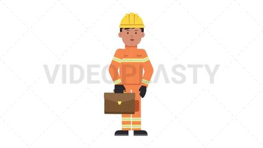 Asian Male Firefighter Waving with Briefcase Stock Animation