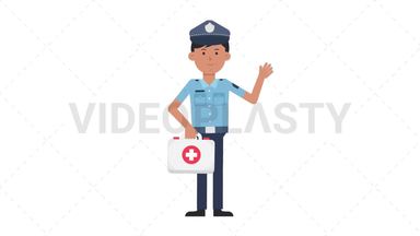 Asian Policeman Holding First Aid Kit Stock Animation
