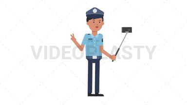 Asian Policeman Selfie Stick Stock Animation