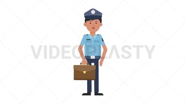 Asian Policeman Waving with Briefcase Stock Animation