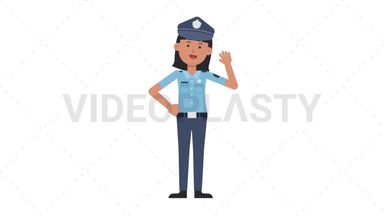 Asian Policewoman Waving Stock Animation