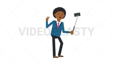 Black Corporate Man Selfie Stick Stock Animation