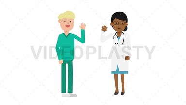 Black Female Doctor and Nurse Waving Stock Animation