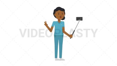 Black Female Nurse Selfie Stick Stock Animation