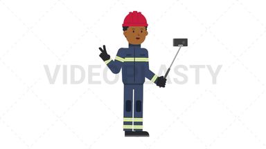 Black Male Firefighter Selfie Stick Stock Animation