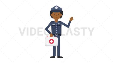 Black Policeman Holding First Aid Kit Stock Animation