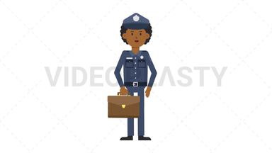 Black Policeman Waving with Briefcase Stock Animation