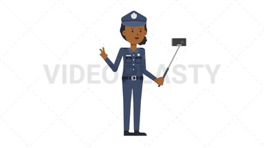 Black Policewoman Selfie Stick Stock Animation