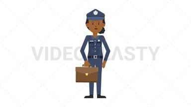 Black Policewoman Waving with Briefcase Stock Animation