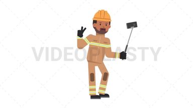 Indian Male Firefighter Selfie Stick Stock Animation