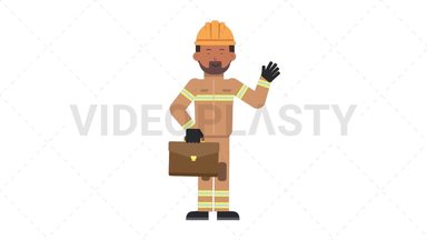 Indian Male Firefighter Waving with Briefcase Stock Animation