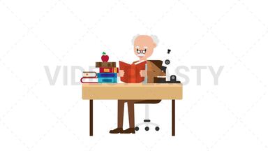 Professor Reading a Book at his Desk Stock Animation
