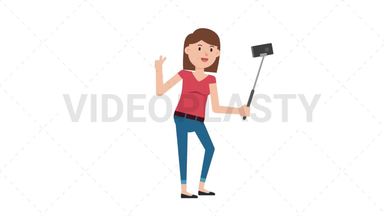 White Casual Woman Selfie Stick Stock Animation