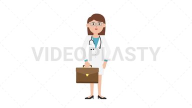 White Female Doctor Waving with Briefcase Stock Animation