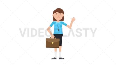 White Female EU Referee Waving with Briefcase Stock Animation