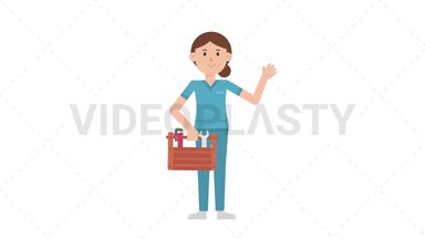 White Female Nurse Holding Toolbox Stock Animation