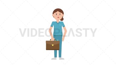 White Female Nurse Waving with Briefcase Stock Animation