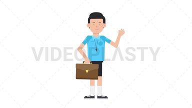 White Male EU Referee Waving with Briefcase Stock Animation