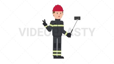 White Male Firefighter Selfie Stick Stock Animation
