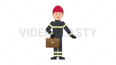 White Male Firefighter Waving with Briefcase Stock Animation