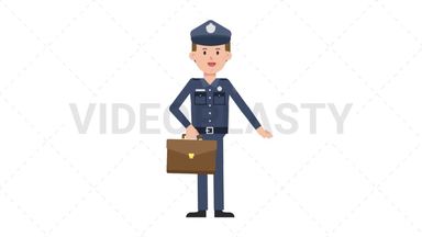 White Policeman Waving with Briefcase Stock Animation
