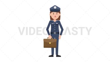 White Policewoman Waving with Briefcase Stock Animation