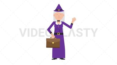 White Witch Waving with Briefcase Stock Animation