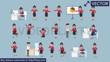 Asian Corporate Woman Pack - 17 Character Actions Vector Clipart