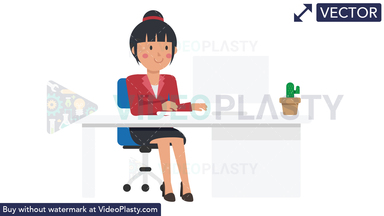 Asian Corporate Woman Working at her Desk Vector Clipart