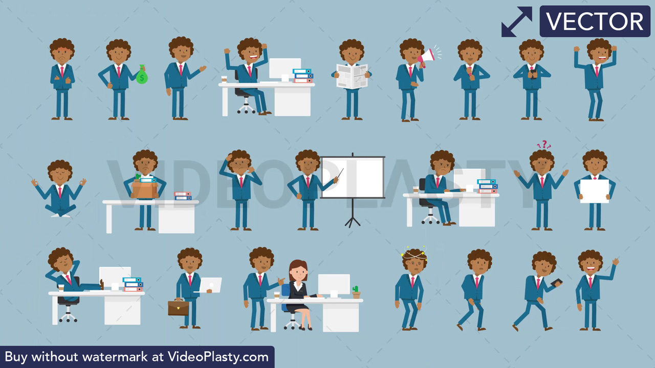 Black Corporate Man Character Pack - 23 Character Actions Vector Clipart