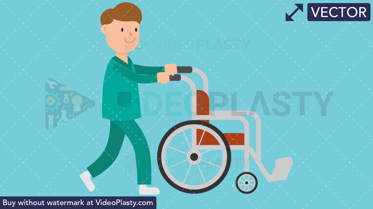 Nurse Pushing Empty Wheelchair Vector Clipart