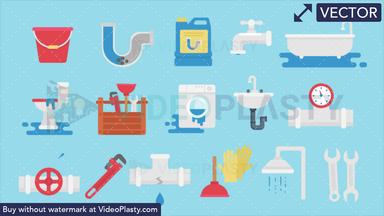 Plumbing Bundle - 16 Flat Icons Vector Clipart